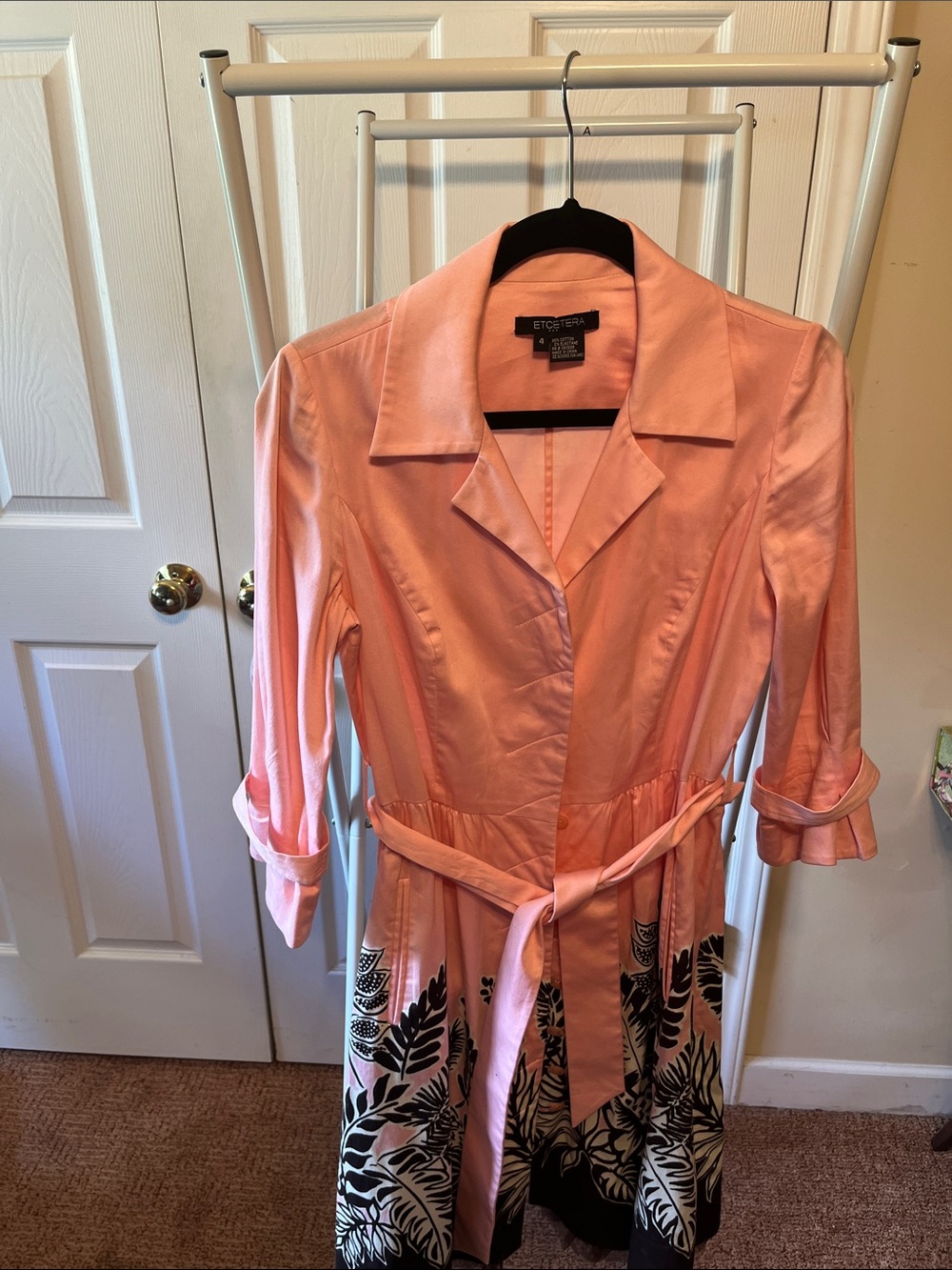 Etcetera Coral Pink Belted Shirt Dress with Black Leaf Border PTP 20” W/ Pockets